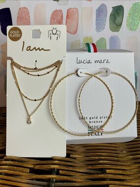 Lucia Mara & I am Gold-Plated Layered Necklace and Hoop Earring Set - Gold